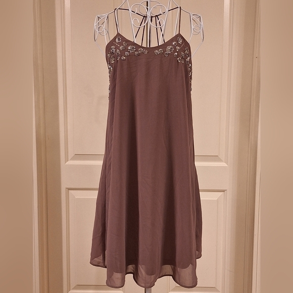 Ya Los Angeles Silk Spaghetti Strap Mini Dress w/ Sequins & Cutout Back in Brown - Picture 1 of 14